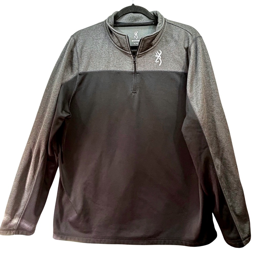 Browning Mens XL Quarter Zip Pullover Gray Black Heathered Buckmark Logo Sweater